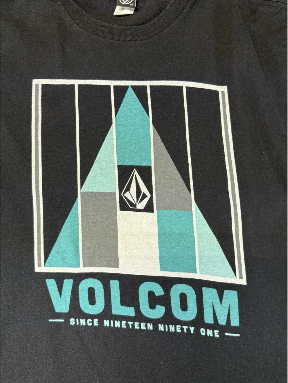 Volcom Logo Graphic Print Crew Neck T-Shirt, Short Sleeve, Gray/Teal, Kids L/G
